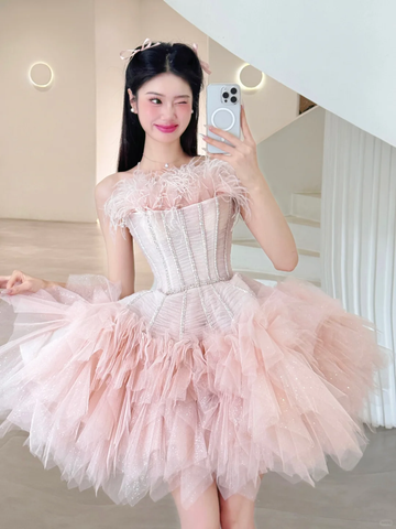 Cute A Line Strapless Corset Feather Pink Tulle Short Homecoming Dress Cocktail Dress HZ1023